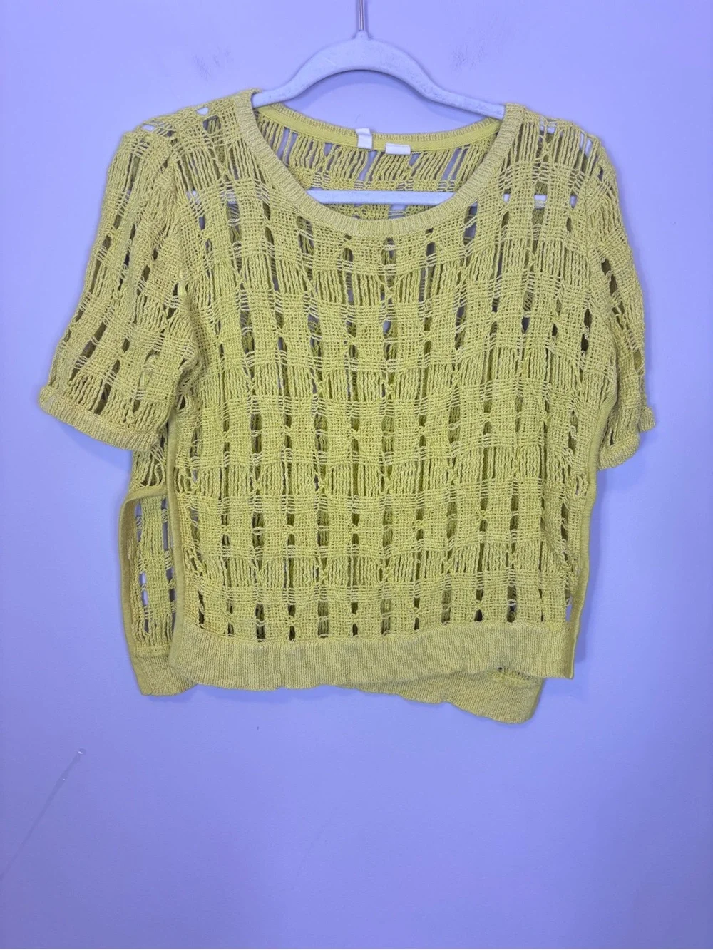 Moth Yellow Open-Weave Short Sleeve Knit Top Slit Side Medium